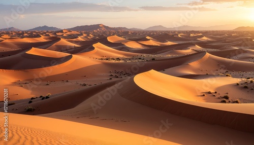 Fototapeta Naklejka Na Ścianę i Meble -  Golden hour light illuminates the rolling sand dunes of a vast desert landscape at sunset.