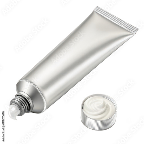 Silver tube of shaving cream with removed cap reveals swirl of cream inside, showcasing realistic detail and texture. tube is isolated on transparency background