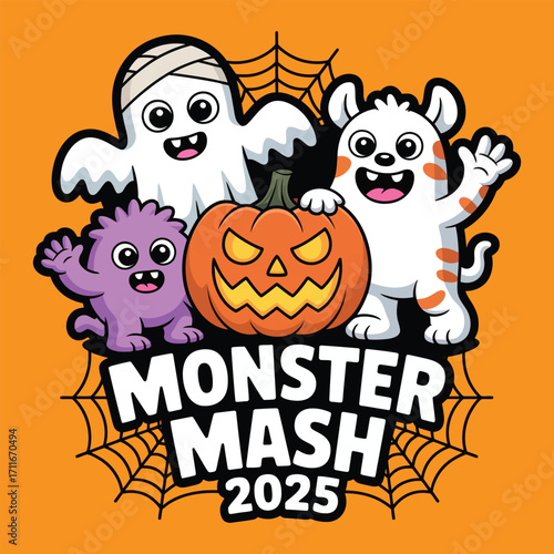 Vector art of cute cartoon monsters and jackolantern with text monster mash 2025