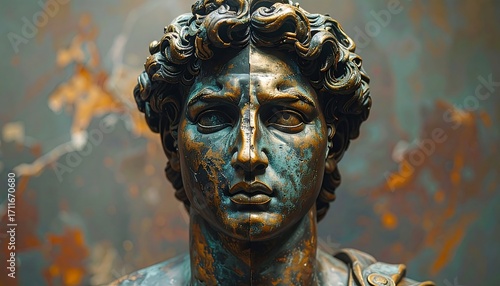 Ancient Bronze Bust with Patina and Abstract Background.