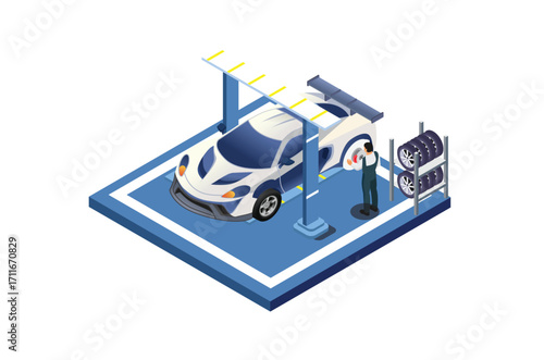 Isometric illustration of the process of repairing and checking vehicles regularly at an authorized workshop, suitable for use as digital assets related to car service.