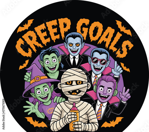 Vector art of a group of cartoon monsters, including a mummy, vampires, and a witch, posing together with the text creep goals