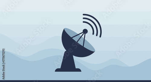 An iconic flat design vector illustration of a satellite dish, symbolizing global communication and broadcasting. Its minimalist form and clean lines convey modern technology and connectivity.