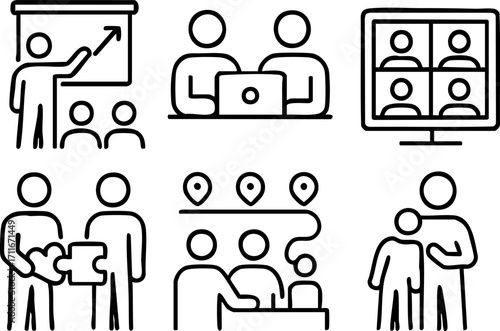 Business Teamwork and Collaboration Line Icons Set.