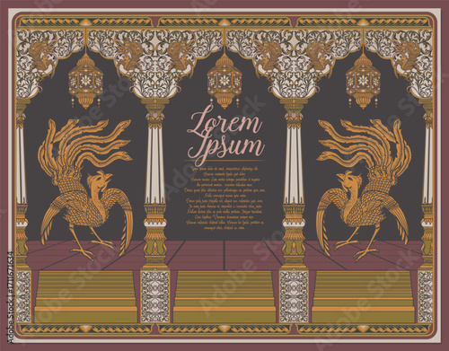 Vintage Medieval Phoenix Bird Background with Floral Batik Ornament for Invitation, Label, or Cover