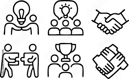 Business Teamwork Idea Generation and Success Outline Icons.