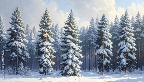 Snowy Evergreen Trees Dominate Forest Landscape Against Soft Blue Sky On Sunny Day In Winter