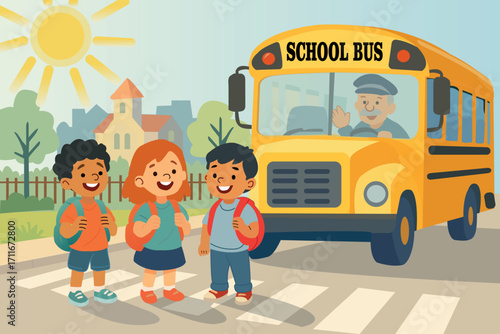 Illustration of Happy Children Waiting for School Bus in Bright Sunshine with Friendly Driver