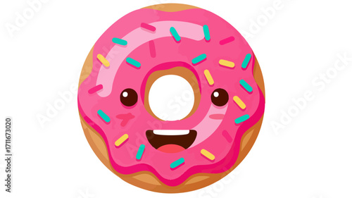 A cheerful cartoon donut with pink frosting, sprinkles, and a smiling face.
