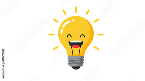 A happy cartoon lightbulb with rays shining around it.