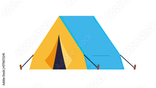 A simple illustration of a blue and yellow A-frame tent with an open entrance, set against a white background.