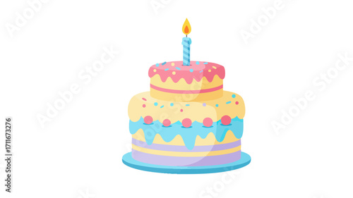 A colorful two-tiered birthday cake with frosting, sprinkles, and a lit candle on top.