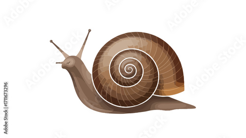 Illustration of a brown snail with a spiral shell on a white background.