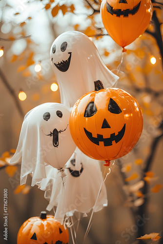 ia generated. Halloween Decorations. Halloween party balloons shaped like ghosts and pumpkins, soft focus background
