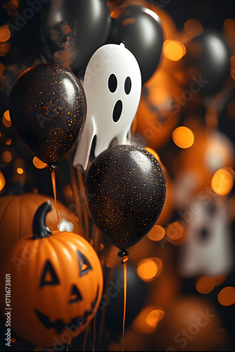 ia generated. Halloween Decorations. Halloween party balloons shaped like ghosts and pumpkins, soft focus background
