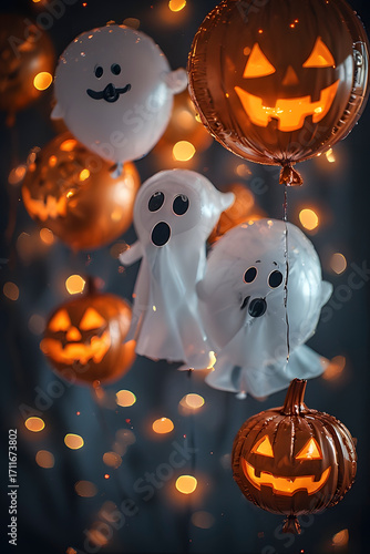 ia generated. Halloween Decorations. Halloween party balloons shaped like ghosts and pumpkins, soft focus background
