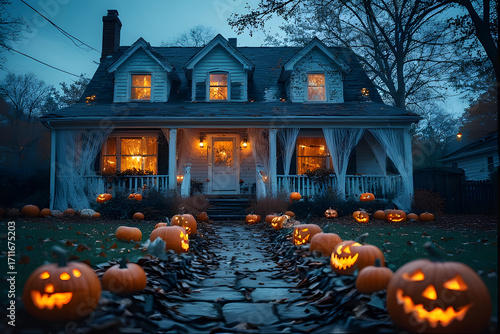 Wallpaper Mural ia generated. Halloween Decorations. Wide shot of a suburban house front yard decorated with carved pumpkins, cobwebs, and glowing lanterns, dusk blue hour
 Torontodigital.ca