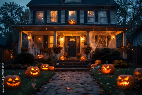 ia generated. Halloween Decorations. Wide shot of a suburban house front yard decorated with carved pumpkins, cobwebs, and glowing lanterns, dusk blue hour
