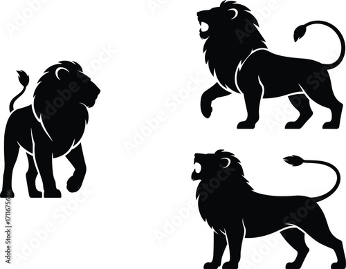 Black lion silhouette vector set, powerful lion graphic design, majestic lion standing pose, bold animal icon, heraldic emblem, roaring lion illustration, wild predator art.