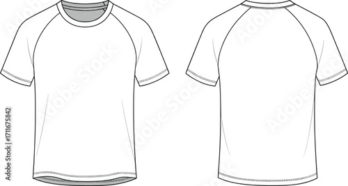 Basic short sleeve t-shirt front and back view, flat sketch, technical fashion drawing, vector apparel template, unisex casual wear