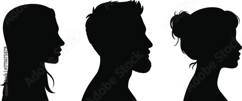 Black silhouette profiles of three diverse people, male and female faces, side view, modern hairstyle, bearded man, woman with bun, vector illustration design