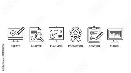 Six linear icons showing project management phases create analyze planning promotion control publish