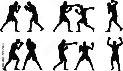 Boxing silhouette vector set, male boxers fighting, punching, training, sparring, knockout poses, martial arts, combat sport action, isolated athlete illustration, black shape