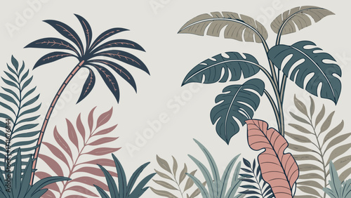 Illustration of tropical plants including palm trees and large leaves on a light background art style
