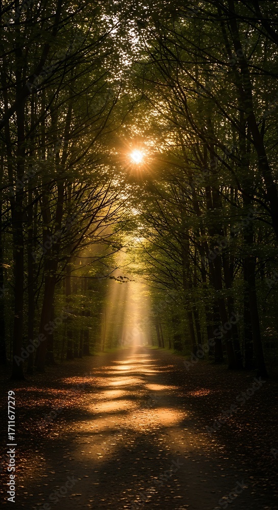 Obraz premium Sunlight Path Through Woods.