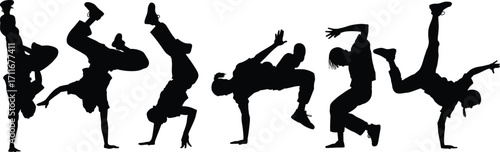 Breakdance silhouette, hip hop dance, street performance, urban culture, dance moves, freestyle dancer, dynamic motion, artistic expression, youth style, choreography