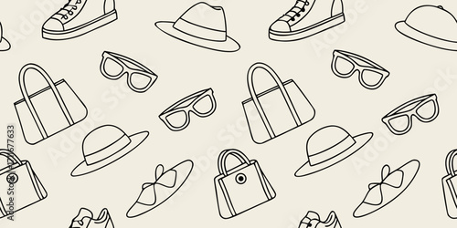 Seamless vector doodle pattern of sunglasses, handbags, hats, jewelry, and shoes in playful sketchy fashion style, trendy accessories seamless background illustration