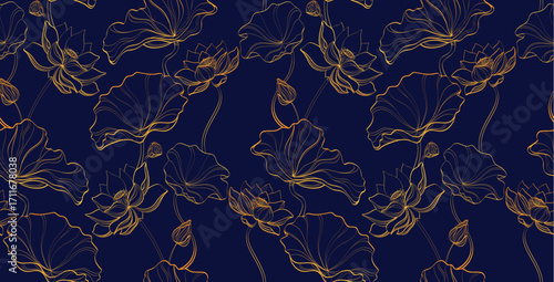 Golden lotus line seamless pattern with elegant flowers on navy background for luxury textile or wallpaper. Delicate botanical outlines with buds and petals for Asian inspired decorative designs.