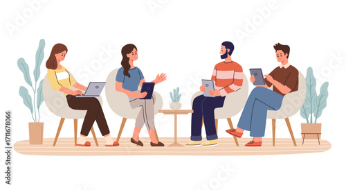 Business team meeting, diverse colleagues sitting on chairs with laptops and tablets, discussing ideas. Flat cartoon style vector illustration isolated on white background