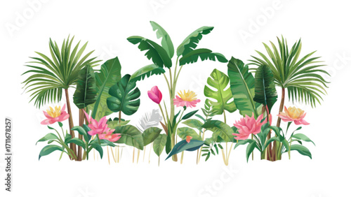 Illustration of a tropical garden with banana trees, palm trees, and pink and yellow flowers around them