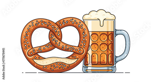 Vector illustration of a traditional pretzel and a beer mug filled with frothy beer, perfect for Oktoberfest celebrations or any event with German cuisine