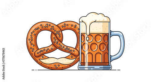 Celebrate Oktoberfest with this lively illustration featuring a giant pretzel and a frothy mug of beer! Perfect for menus, event promotions, and festive designs.