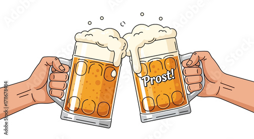 Cheers! A vibrant illustration of two hands clinking oversized mugs filled with frothy beer, celebrating camaraderie and good times. 'Prost!' is written on one mug, perfect for festive occasions