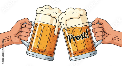 Cheers with Beer! Two hands holding beer steins clinking together with the word 'Prost' written on one of them, perfect for a festive occasion or celebration