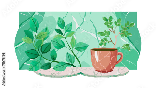Still life illustration featuring a mug with leaves on a marble surface and green background