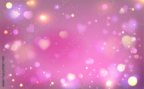 Dreamy background with pink heart shapes and soft bokeh lights - romantic gradient bg with golden sparkles. Valentine day or wedding invitation love design elements with blurred glowing effects.