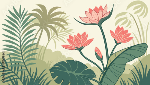 Illustration of water lilies and palm trees in a tropical setting with a soft color palette design