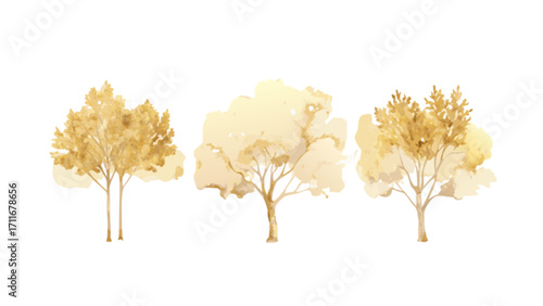 Watercolor painting featuring three stylized trees with golden yellow foliage on a white background
