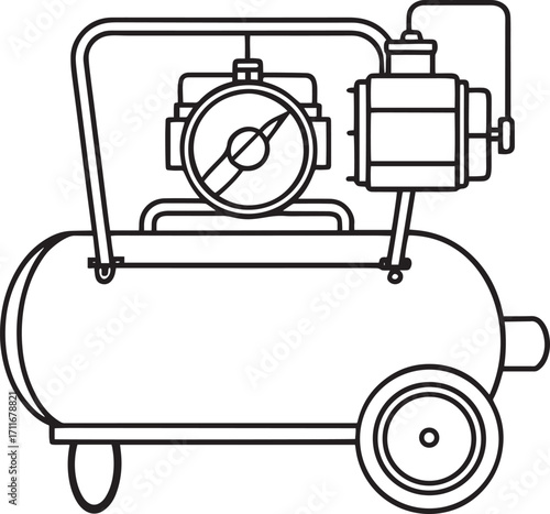 Simple line drawing of an air compressor machine outline vector illustration, line art