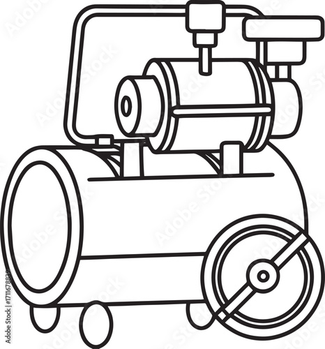 Simple line drawing of an air compressor machine outline vector illustration, line art