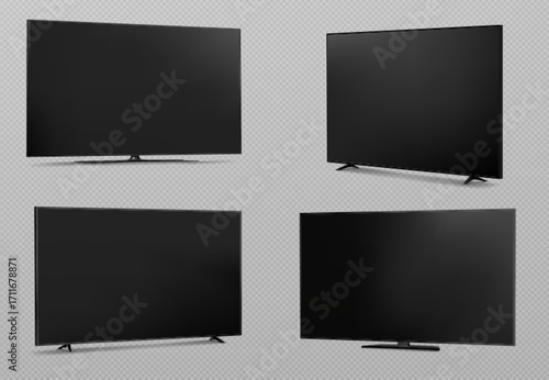 Dark screen tv mockup set with black displays and various stand designs - flat panel monitors from multiple view angles. Television templates for media presentation projects. Electronic device layout