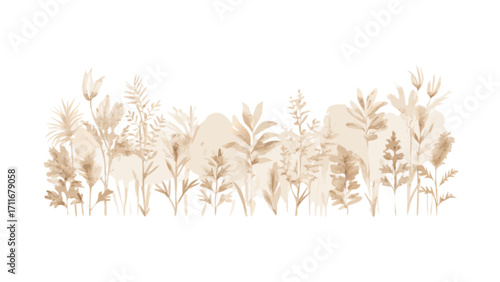 Watercolor illustration of a variety of beige plants and foliage in a horizontal composition