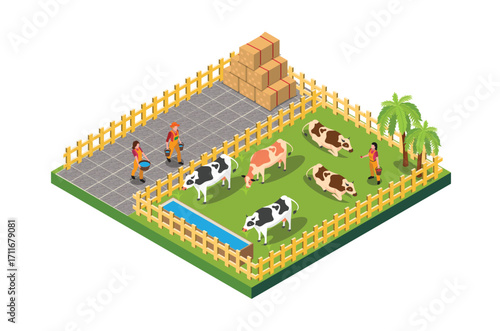 Modern Isometric Farm Management and livestock management Illustration in White Isolated Background With People and Related Digital Assets
