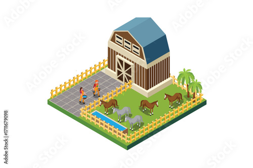 Modern Isometric Farm Management and livestock management Illustration in White Isolated Background With People and Related Digital Assets