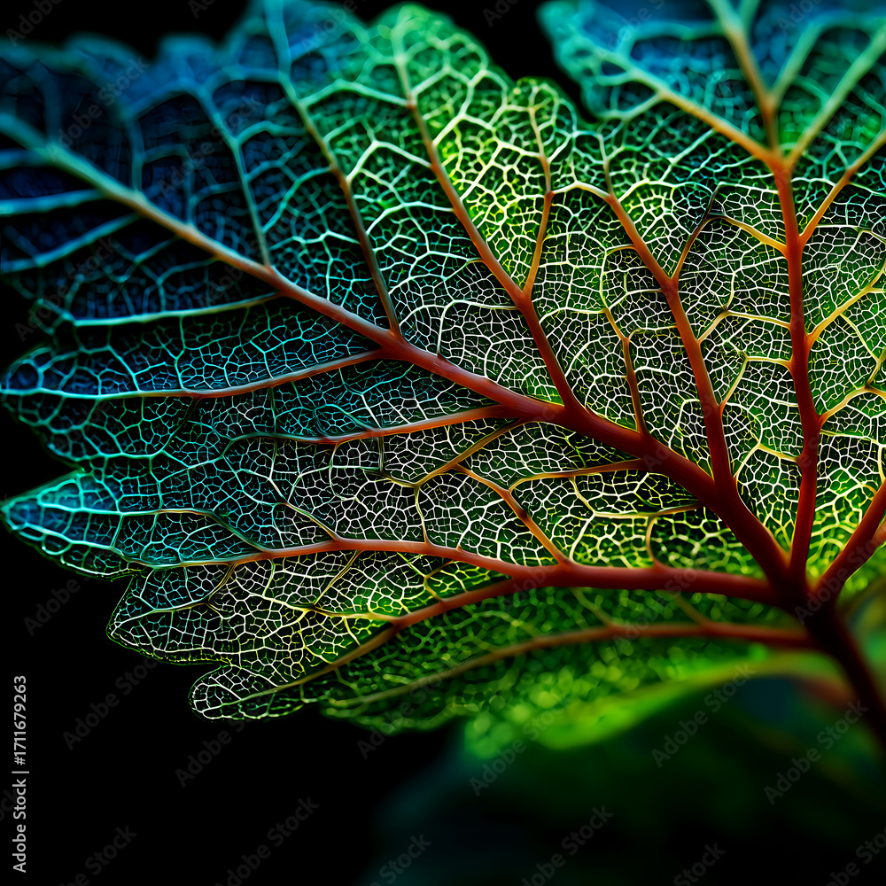 Obraz premium Close - up of Leaf with Distinct Veins Under Colorful Light and Shadow, Presenting Plant Microstructure and Natural Artistic Beauty