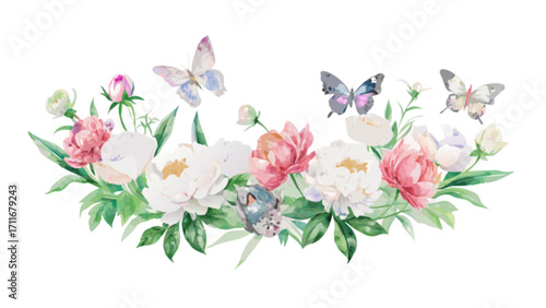 Watercolor painting of pink and white peonies with green leaves and three butterflies in the background